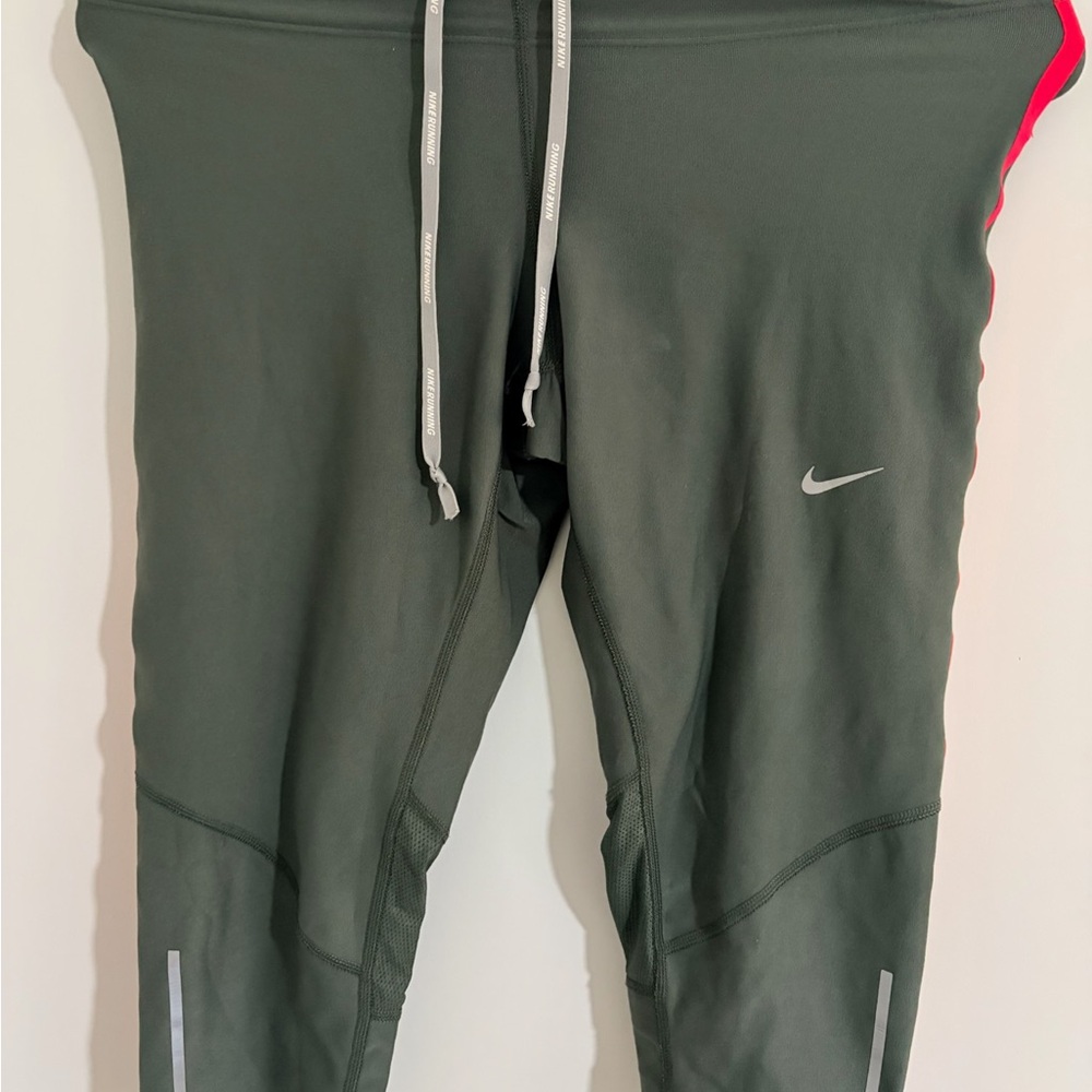 Nike Olive Green and Black Dri-FIT Running Leggings with Pink Trim